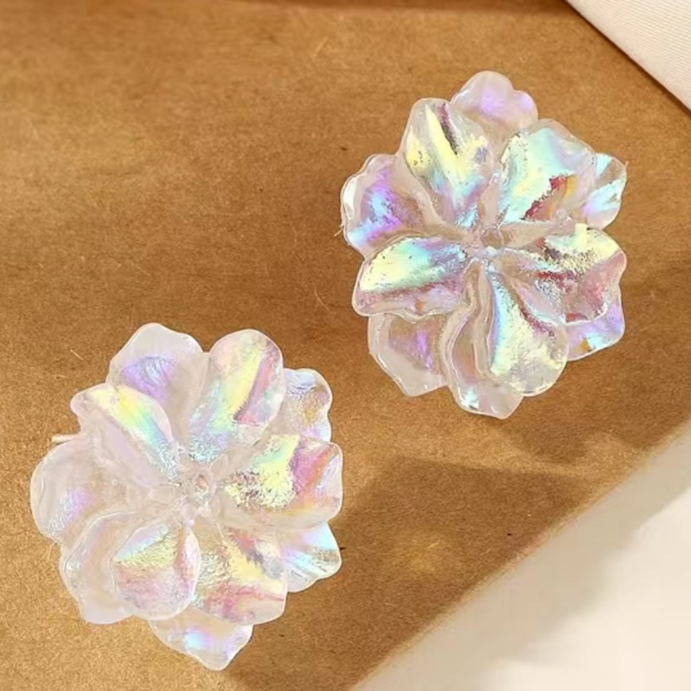 Camellia Iridescent Flower Resin Stud Boho, Holiday Crystal Luxury Earrings